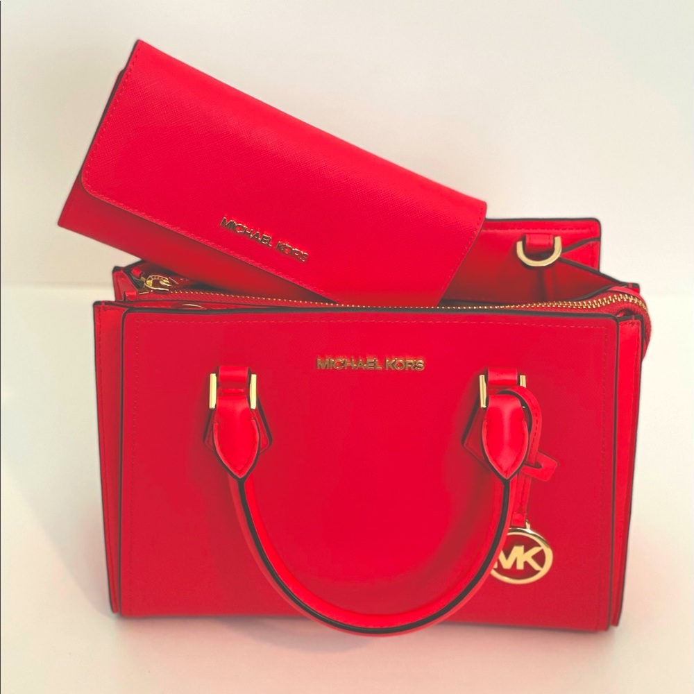MICHAEL KORS hope satchel in dark coral + matching trifold wallet